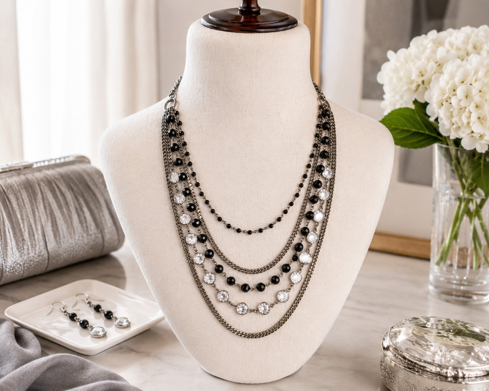 Coldwater Creek Multi Strand Necklace Black Bead Clear Crystal Silver Tone